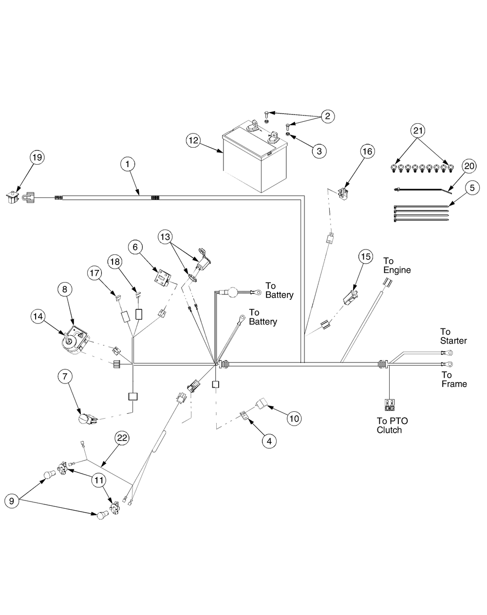 Battery, Electrical Components And Switches Diagram and Parts List for GT2550 K015-K018-14A2E7P710 Cub Cadet Lawn Tractor